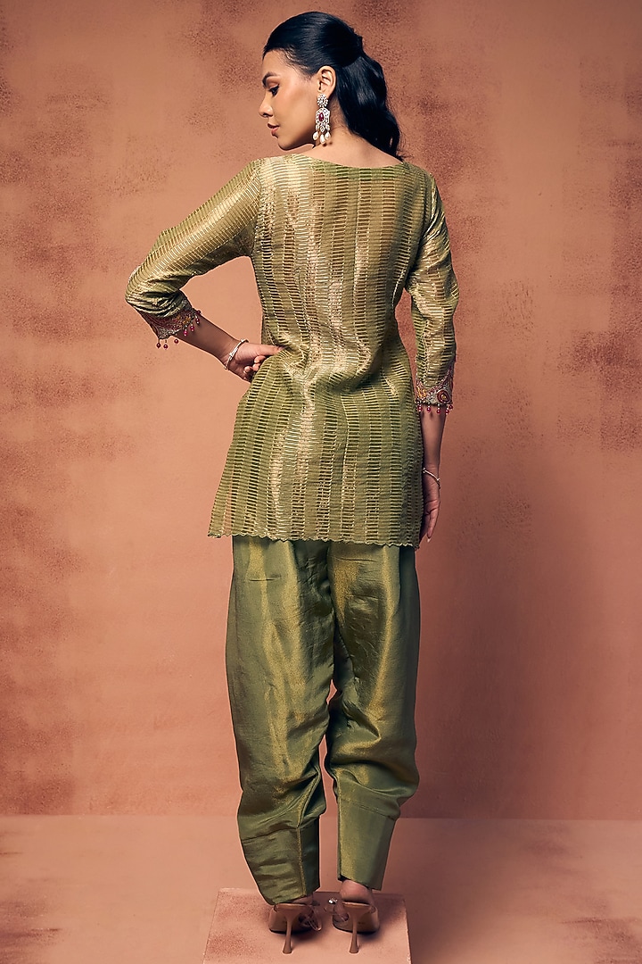 Pastel Olive Green Chanderi & Tissue Embroidered Kurta Set by Label Moni K at Pernia's Pop Up Shop