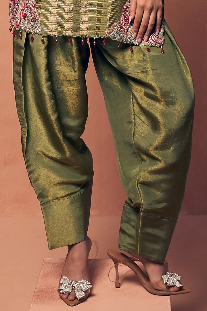 Pastel Olive Green Chanderi & Tissue Embroidered Kurta Set by Label Moni K at Pernia's Pop Up Shop