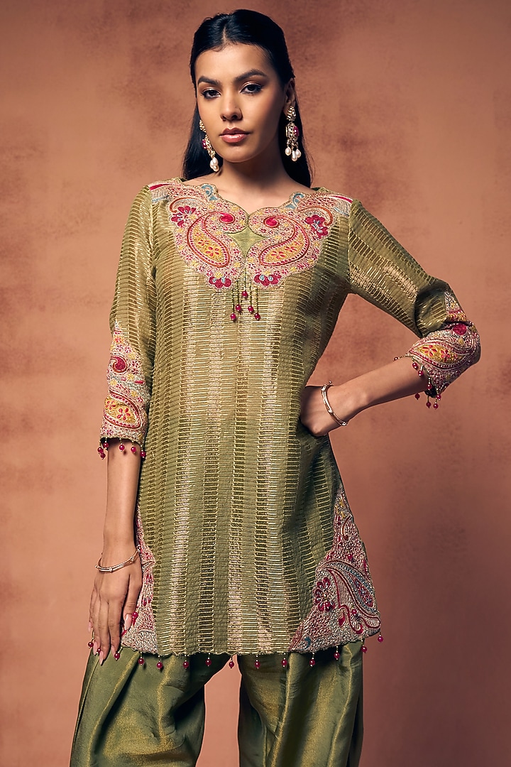 Pastel Olive Green Chanderi & Tissue Embroidered Kurta Set by Label Moni K at Pernia's Pop Up Shop