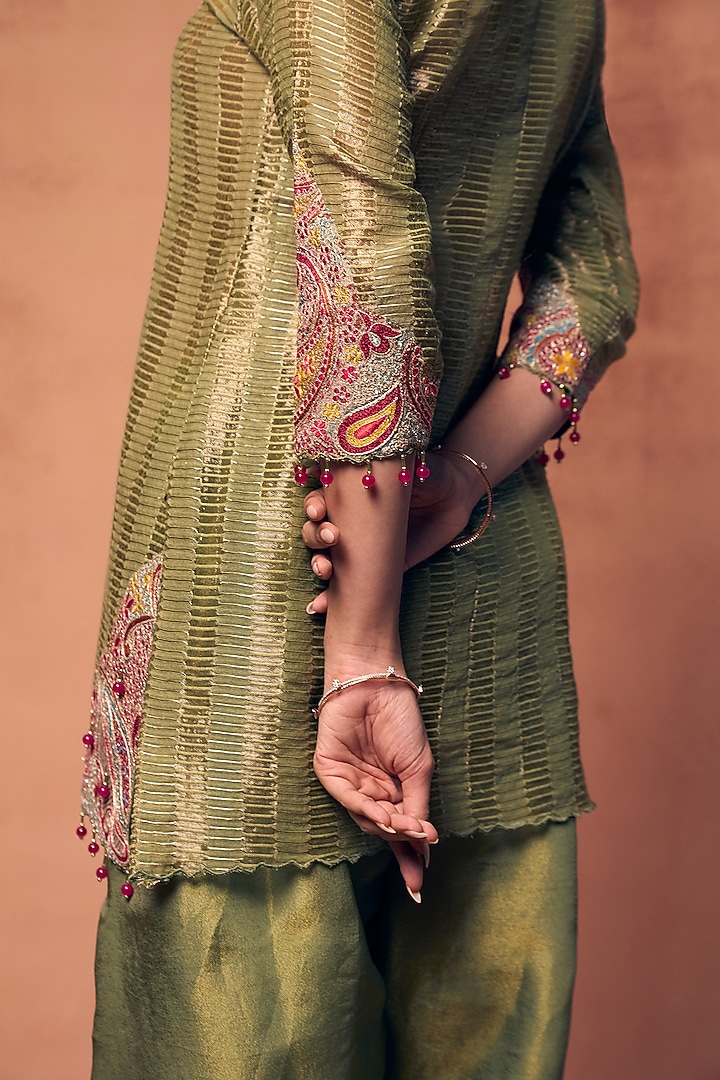 Pastel Olive Green Chanderi & Tissue Embroidered Kurta Set by Label Moni K at Pernia's Pop Up Shop