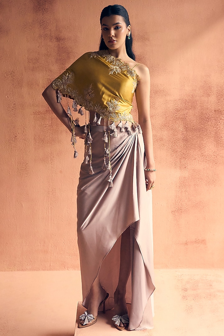 Muted Grey Satin Draped Skirt Set by Label Moni K at Pernia's Pop Up Shop