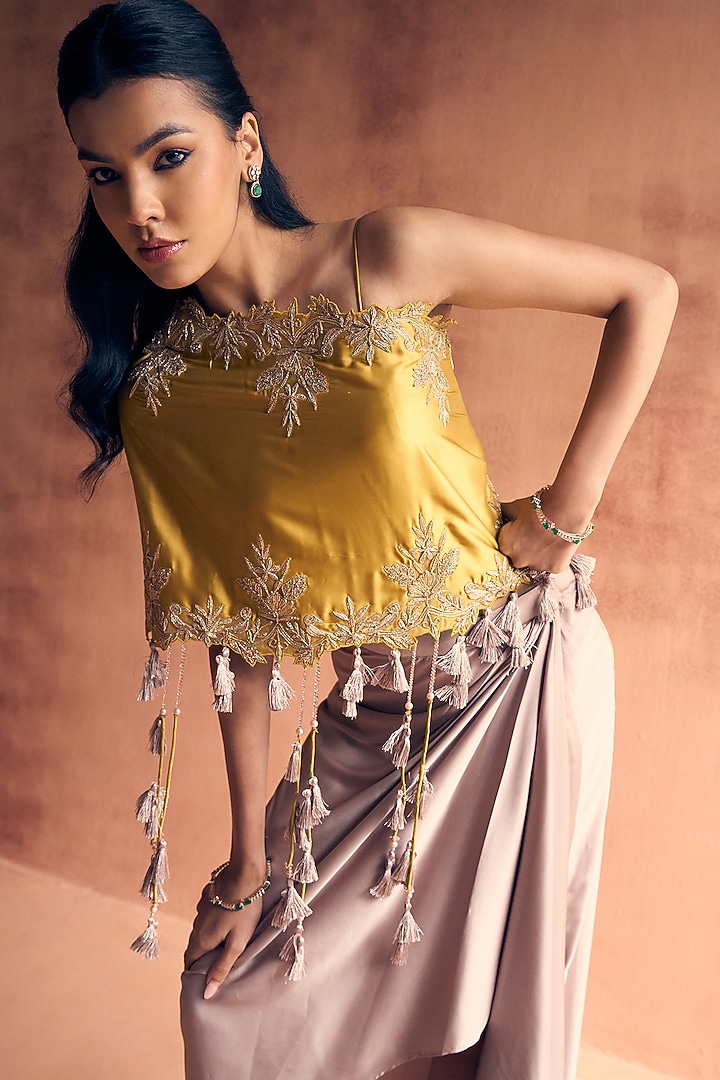 Muted Grey Satin Draped Skirt Set by Label Moni K at Pernia's Pop Up Shop