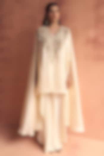 Ivory Satin Embroidered Kaftan Set by Label Moni K at Pernia's Pop Up Shop