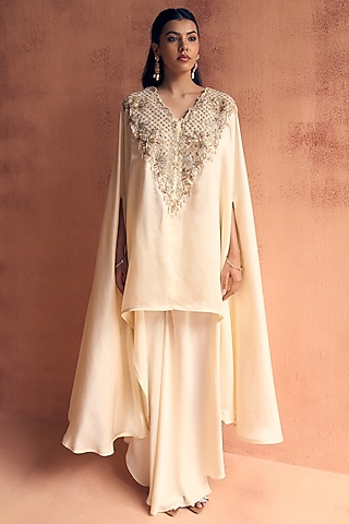 Ivory Satin Embroidered Kaftan Set by Label Moni K
