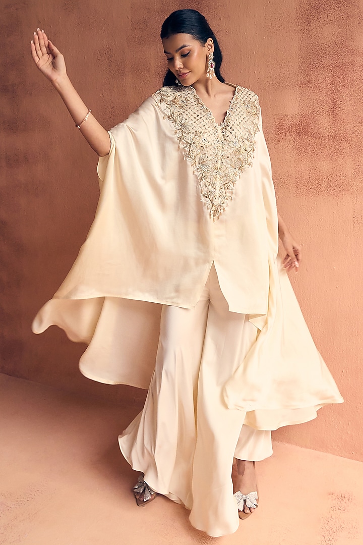 Ivory Satin Embroidered Kaftan Set by Label Moni K at Pernia's Pop Up Shop