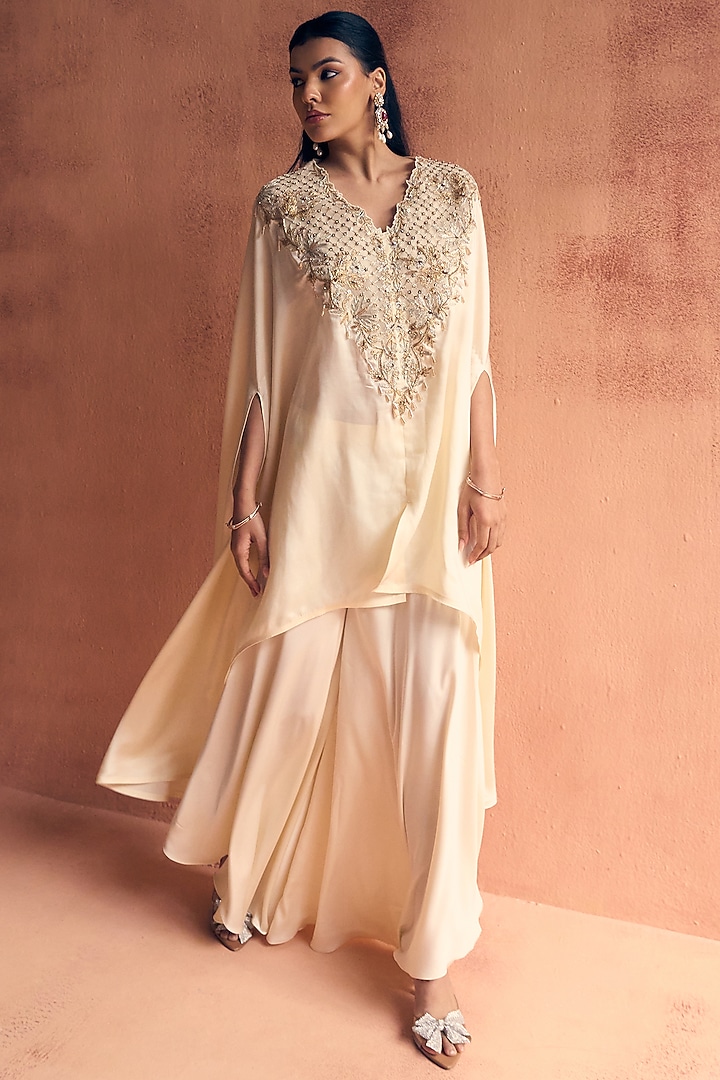 Ivory Satin Embroidered Kaftan Set by Label Moni K at Pernia's Pop Up Shop