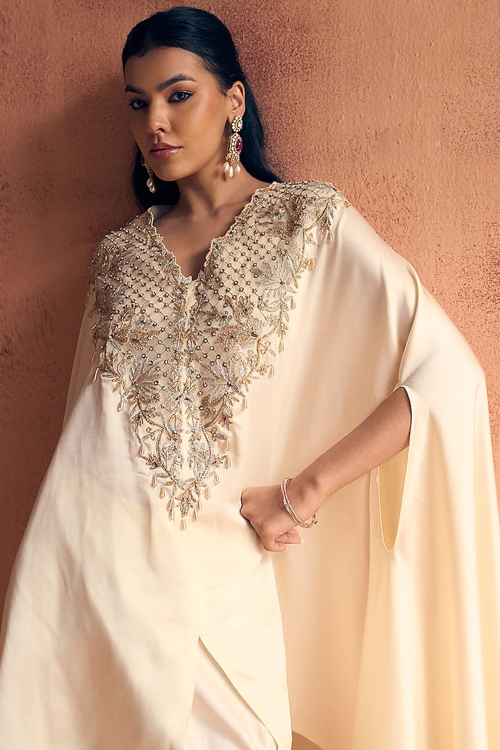 Ivory Satin Embroidered Kaftan Set by Label Moni K at Pernia's Pop Up Shop