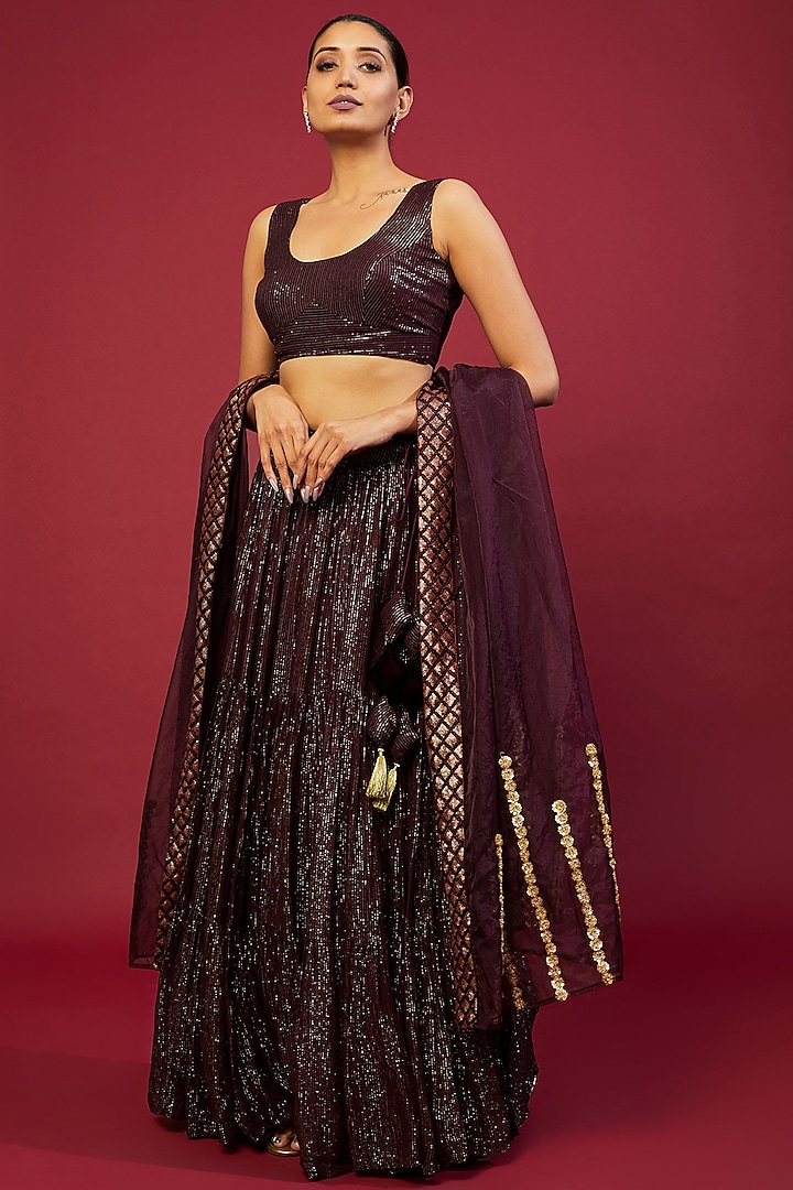 Wine Georgette Embroidered Lehenga Set by Monk & Mei