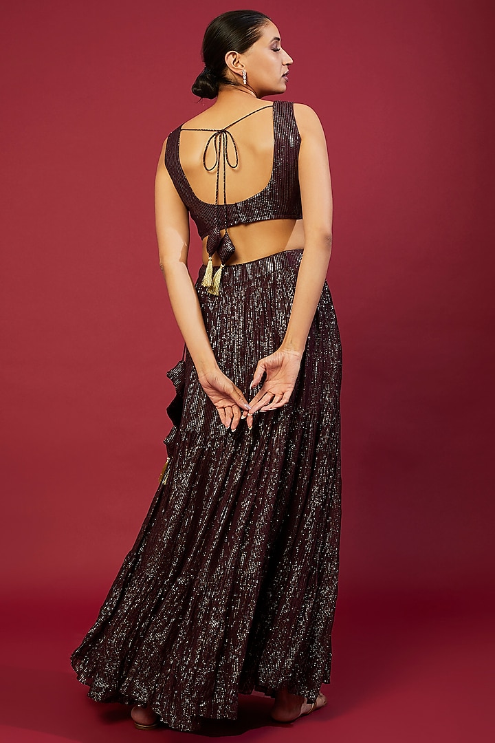 Wine Georgette Embroidered Lehenga Set by Monk & Mei at Pernia's Pop Up Shop