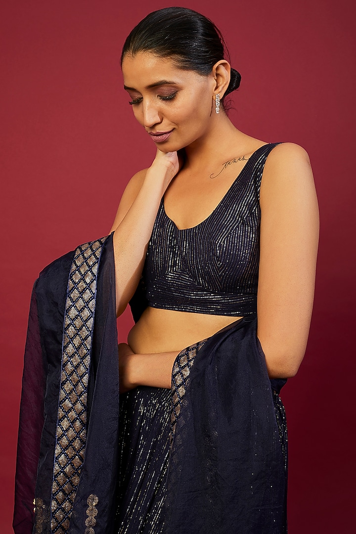 Midnight Blue Georgette Embroidered Lehenga Set by Monk & Mei at Pernia's Pop Up Shop