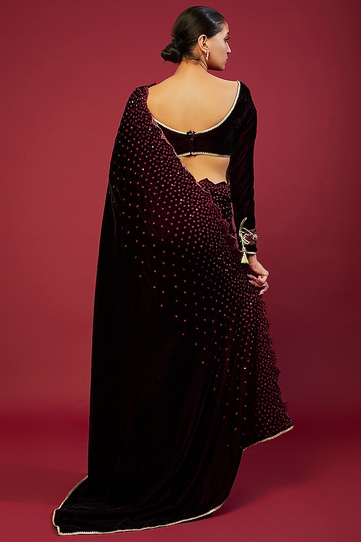 Wine Velvet Sequins Embroidered Festive Saree Set by Monk & Mei at Pernia's Pop Up Shop
