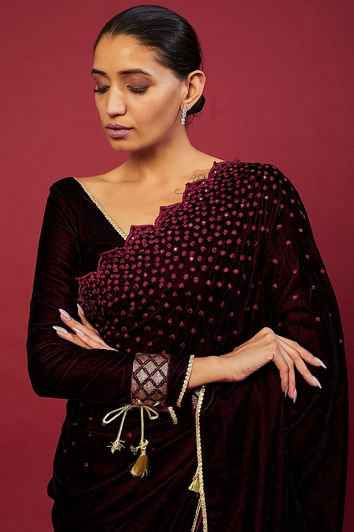 Wine Velvet Sequins Embroidered Festive Saree Set by Monk & Mei at Pernia's Pop Up Shop