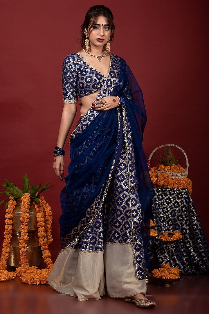 Navy Blue Brocade Lace Embroidered Sharara Set by Monk & Mei