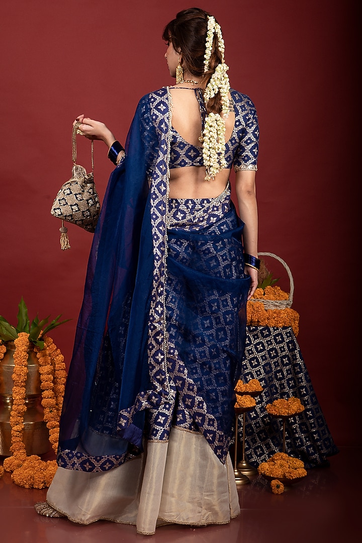 Navy Blue Brocade Lace Embroidered Party Wear Sharara Set by Monk & Mei at Pernia's Pop Up Shop
