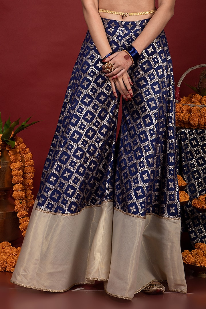 Navy Blue Brocade Lace Embroidered Party Wear Sharara Set by Monk & Mei at Pernia's Pop Up Shop