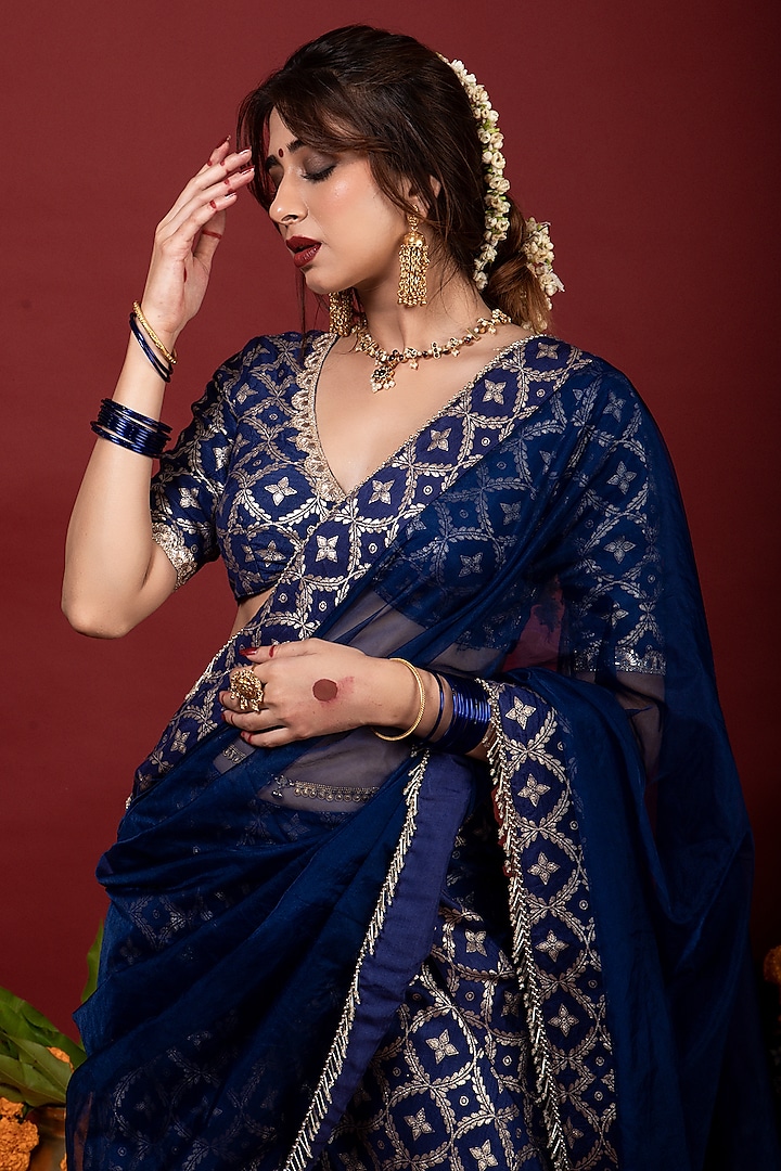 Navy Blue Brocade Lace Embroidered Party Wear Sharara Set by Monk & Mei at Pernia's Pop Up Shop