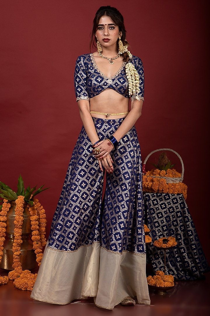 Navy Blue Brocade Lace Embroidered Party Wear Sharara Set by Monk & Mei at Pernia's Pop Up Shop