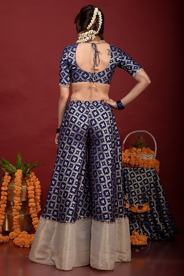 Navy Blue Brocade Lace Embroidered Party Wear Sharara Set by Monk & Mei at Pernia's Pop Up Shop