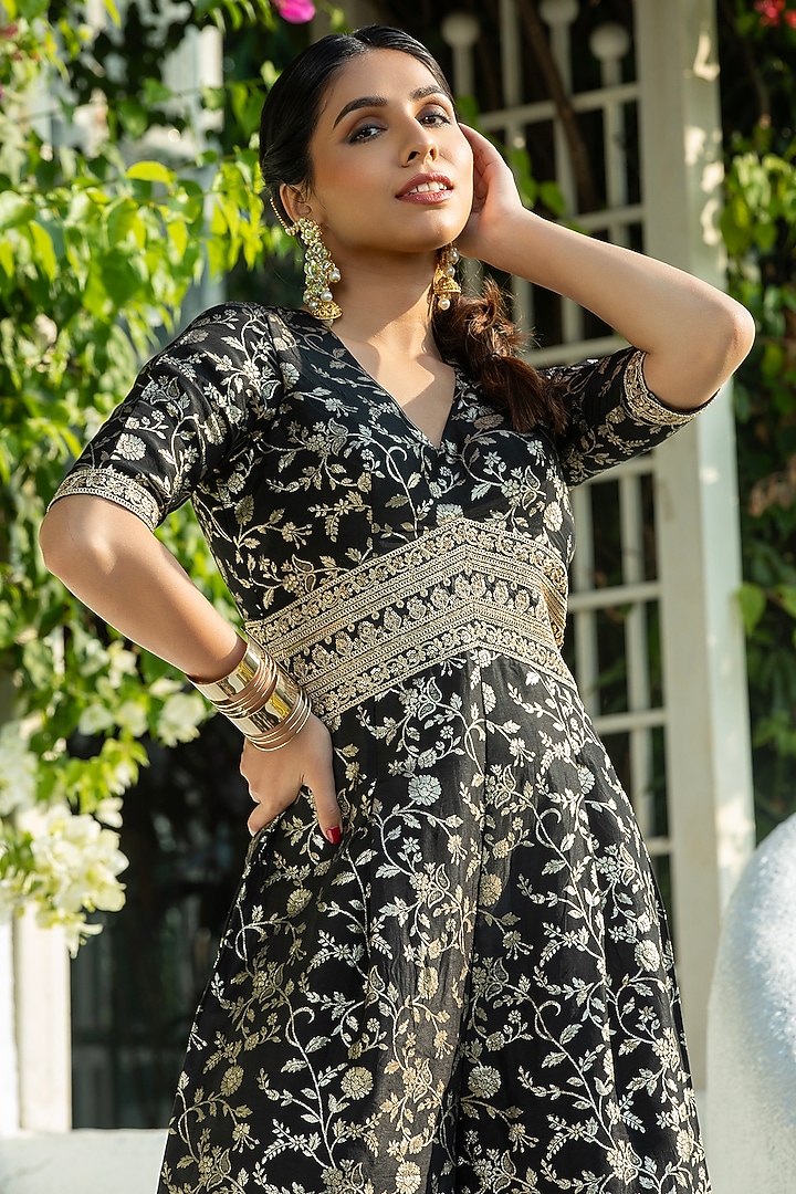 Black & Gold Cotton Silk Brocade Embroidered Jumpsuit by Monk & Mei at Pernia's Pop Up Shop