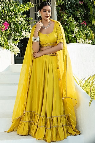 Canary Yellow Silk Blend Boota Hand Work Kalidar Lehenga Set by Monk & Mei