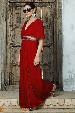 Red Velvet Jumpsuit With Belt by Monk & Mei