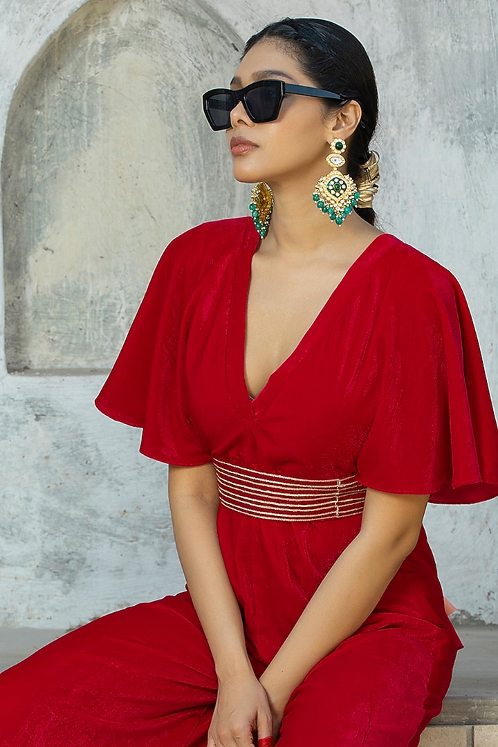 Red Velvet Jumpsuit With Belt by Monk & Mei at Pernia's Pop Up Shop