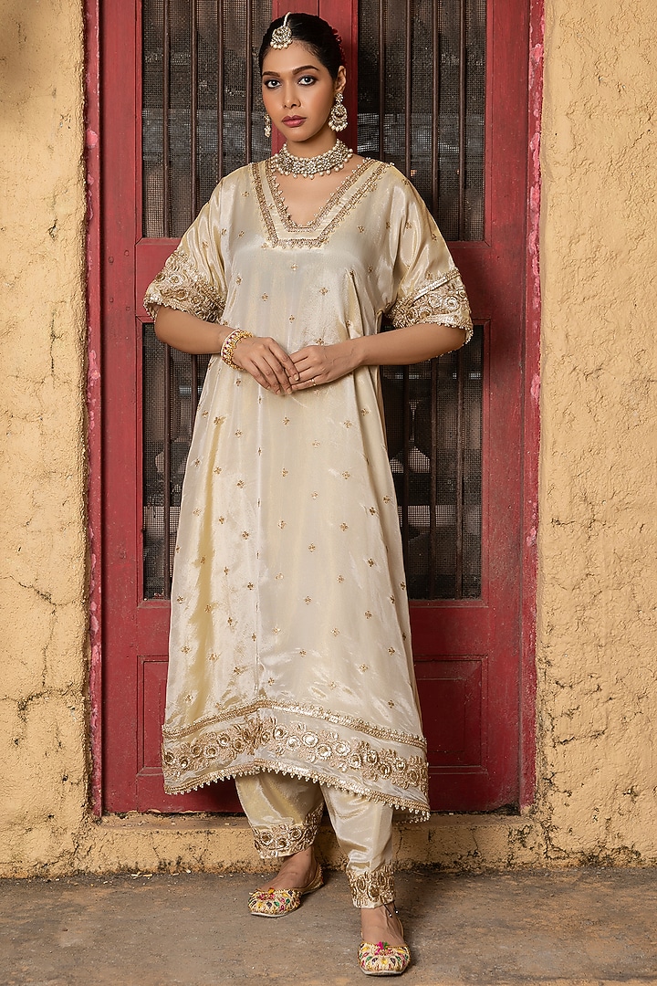 Gold Banarasi Silk Tissue Blend Embroidered Kurta Set by Monk & Mei at Pernia's Pop Up Shop