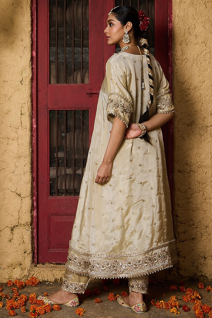 Gold Banarasi Silk Tissue Blend Embroidered Kurta Set by Monk & Mei at Pernia's Pop Up Shop