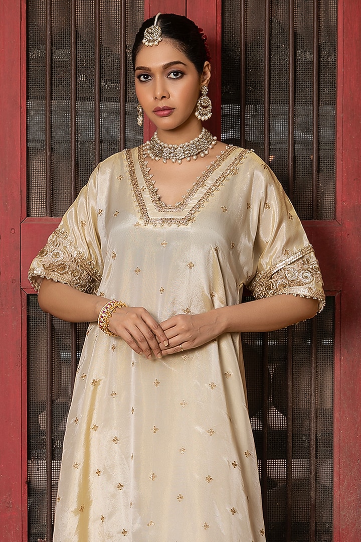 Gold Banarasi Silk Tissue Blend Embroidered Kurta Set by Monk & Mei at Pernia's Pop Up Shop
