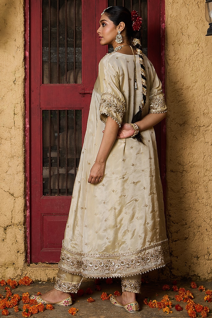 Gold Banarasi Silk Tissue Blend Embroidered Kurta Set by Monk & Mei at Pernia's Pop Up Shop
