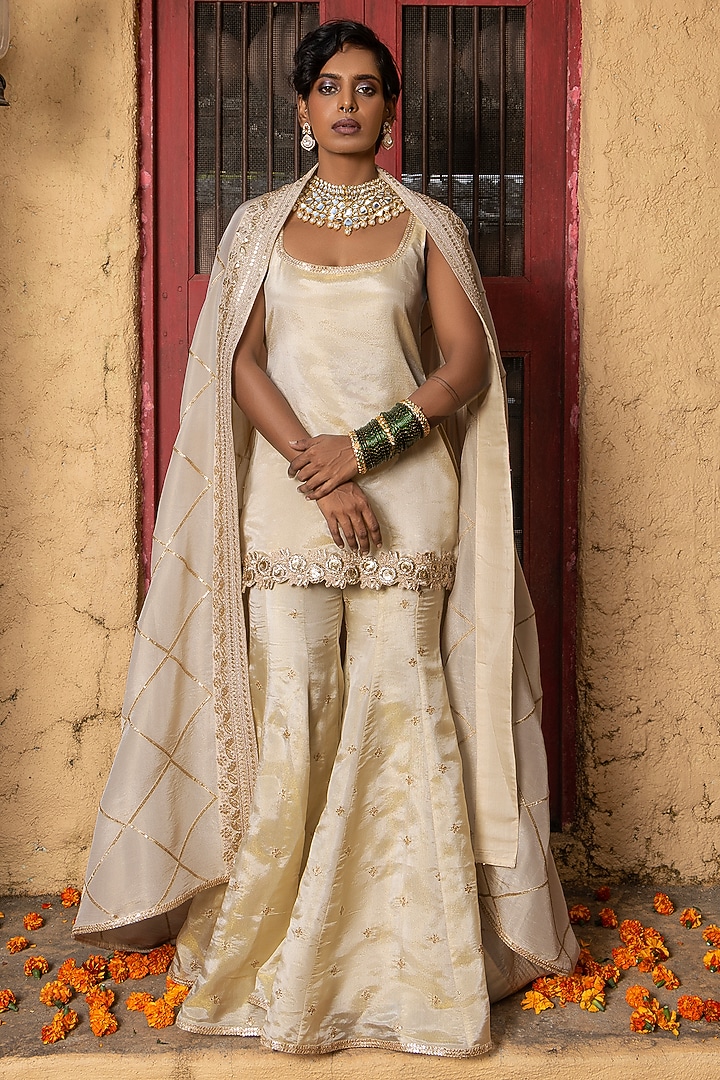 Gold Banarasi Silk Tissue Blend Sharara Set by Monk & Mei at Pernia's Pop Up Shop