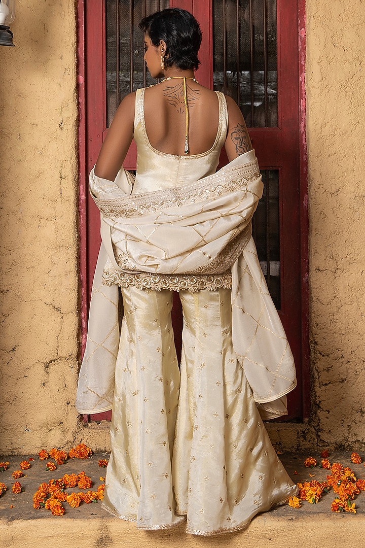 Gold Banarasi Silk Tissue Blend Sharara Set by Monk & Mei at Pernia's Pop Up Shop