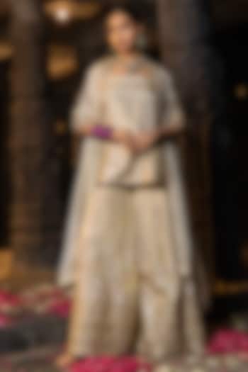 Gold Banarasi Silk Tissue Blend Gota Work Party Wear Sharara Set by Monk & Mei at Pernia's Pop Up Shop