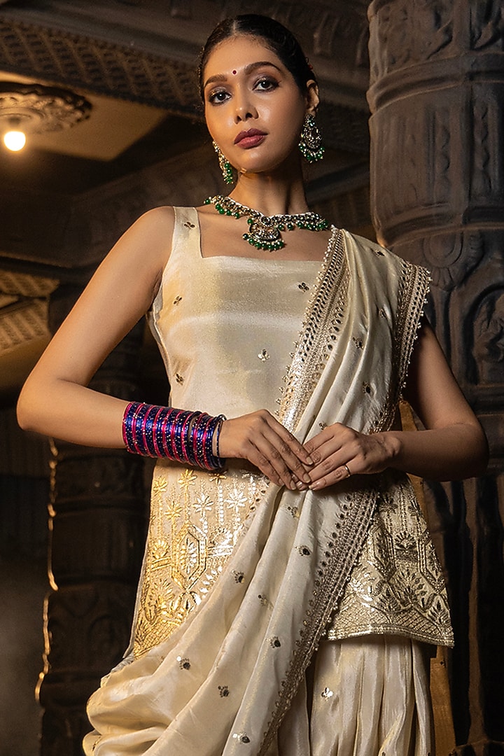 Gold Banarasi Silk Tissue Blend Embroidered Kurta Set by Monk & Mei at Pernia's Pop Up Shop