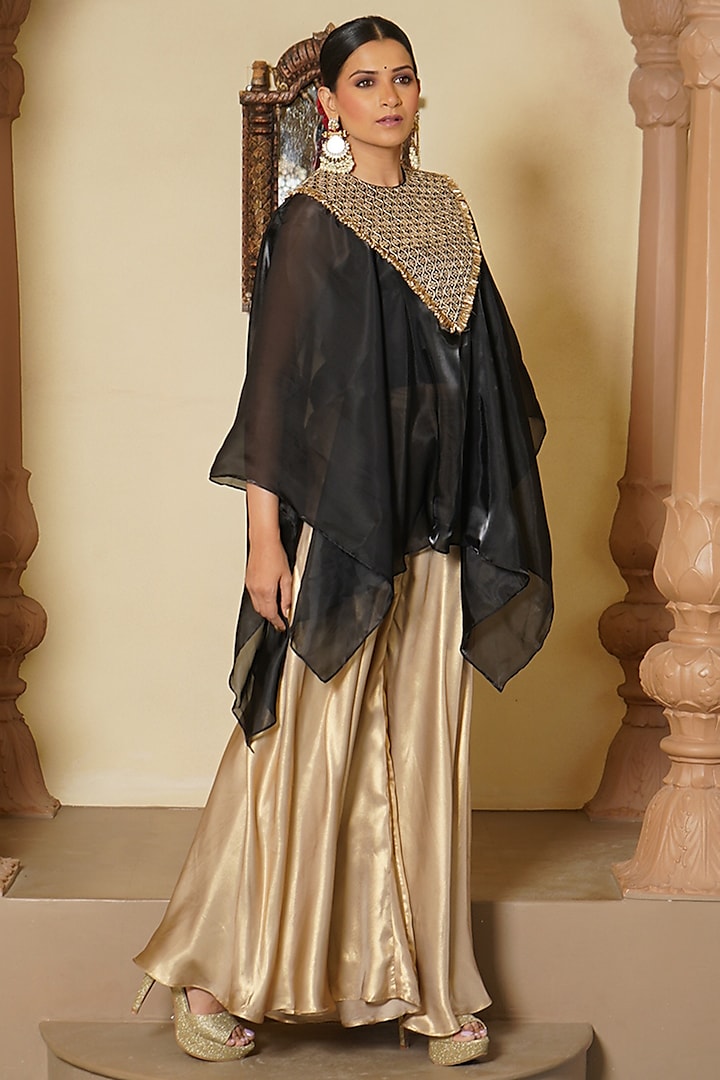 Black Organza Embroidered Cape Set by Monk & Mei