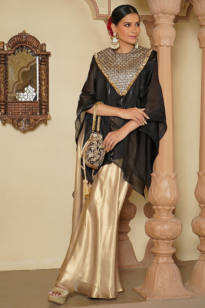 Black Organza Embroidered Cape Set by Monk & Mei at Pernia's Pop Up Shop