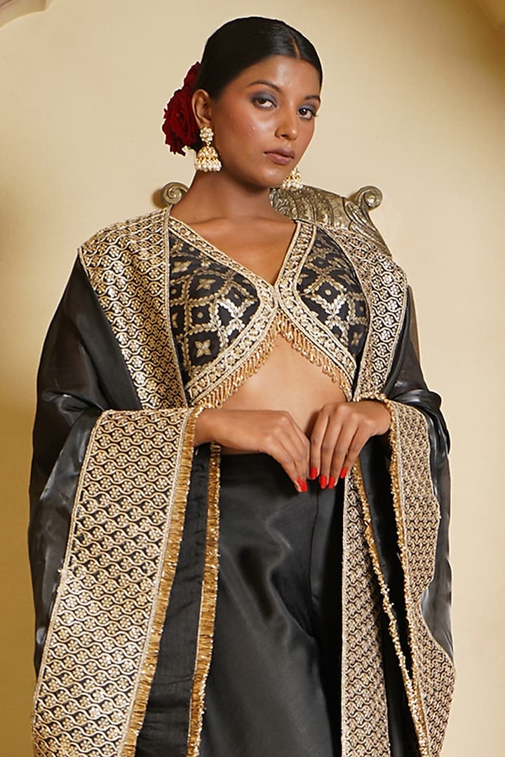 Black Organza Embroidered Cape Set by Monk & Mei at Pernia's Pop Up Shop