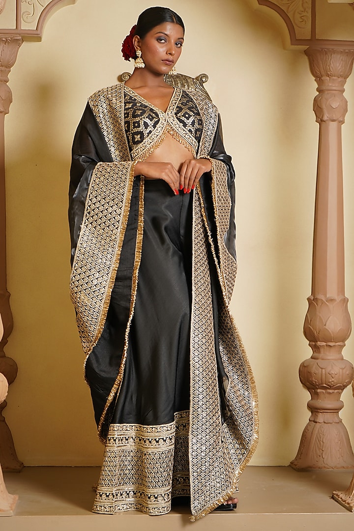 Black Organza Embroidered Cape Set by Monk & Mei at Pernia's Pop Up Shop