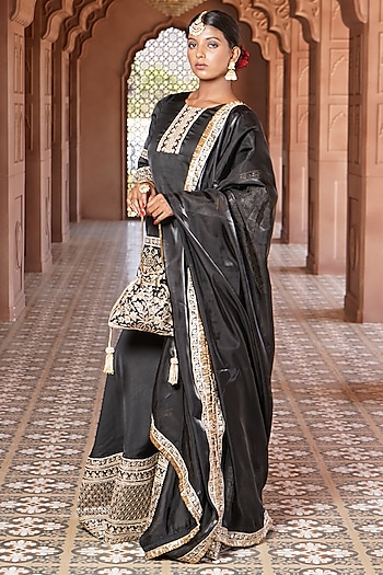 Black Bengaluru Silk Embroidered Party Wear Sharara Set by Monk & Mei at Pernia's Pop Up Shop