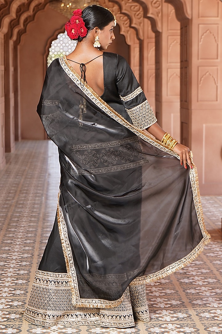 Black Bengaluru Silk Embroidered Party Wear Sharara Set by Monk & Mei at Pernia's Pop Up Shop