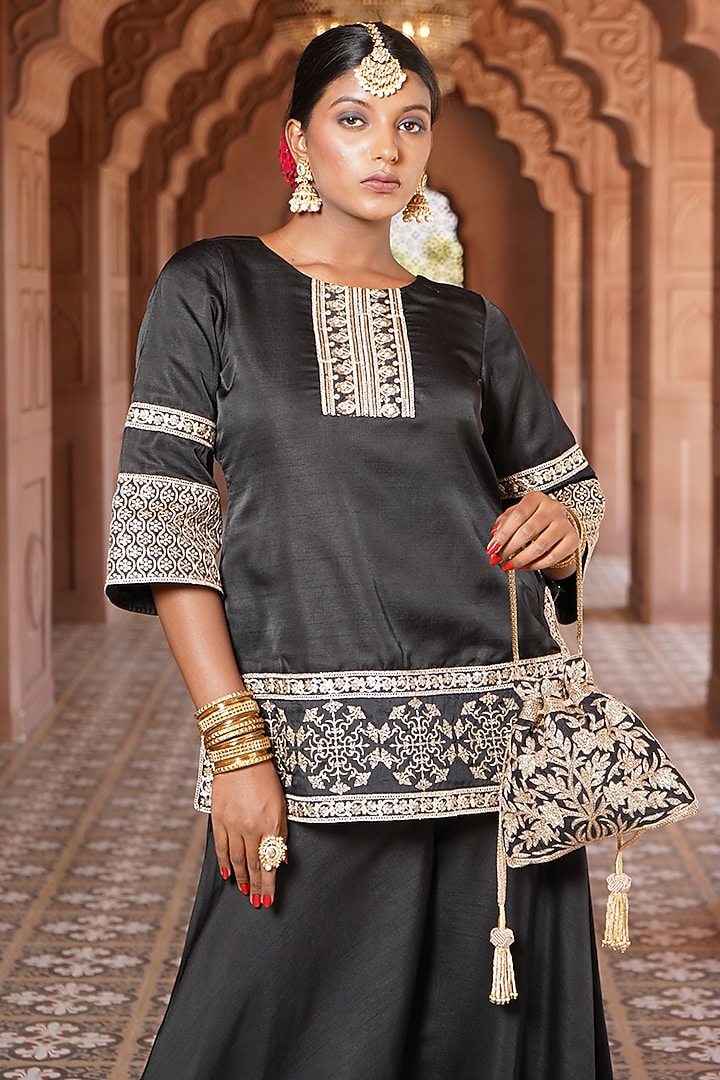 Black Bengaluru Silk Embroidered Party Wear Sharara Set by Monk & Mei at Pernia's Pop Up Shop