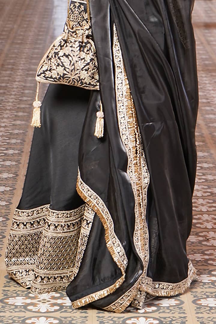Black Bengaluru Silk Embroidered Party Wear Sharara Set by Monk & Mei at Pernia's Pop Up Shop