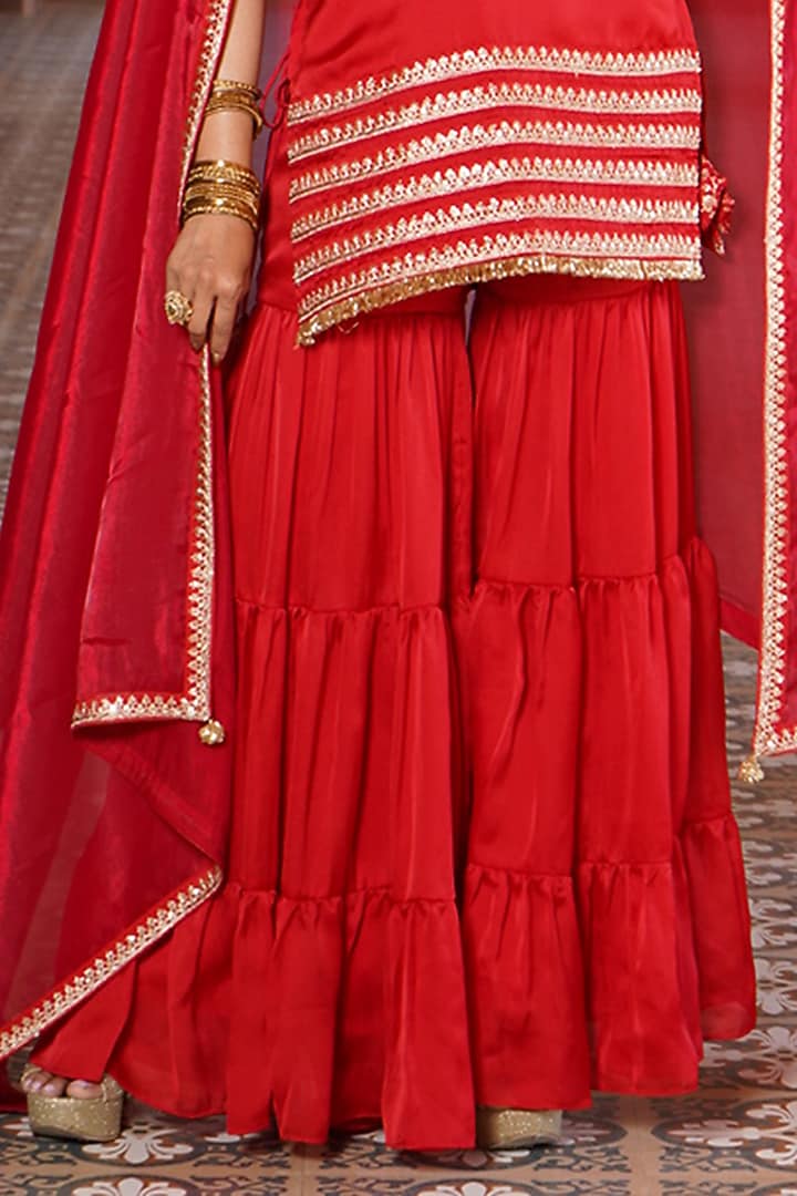 Crimson Satin Georgette Sharara Set by Monk & Mei at Pernia's Pop Up Shop