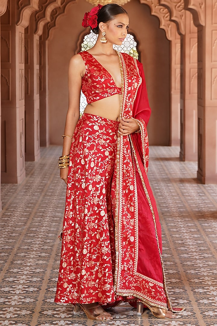 Crimson Bengaluru Silk Sharara Set by Monk & Mei