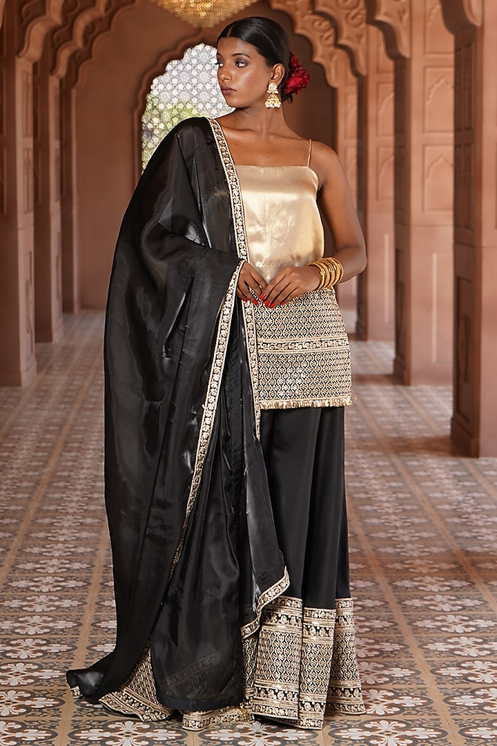 Black Viscose Satin Embroidered Sharara Set by Monk & Mei