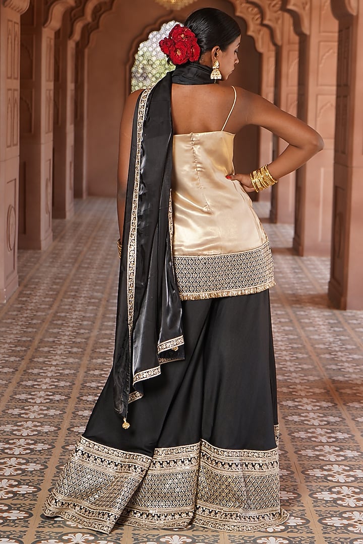 Black Viscose Satin Embroidered Party Wear Sharara Set by Monk & Mei at Pernia's Pop Up Shop