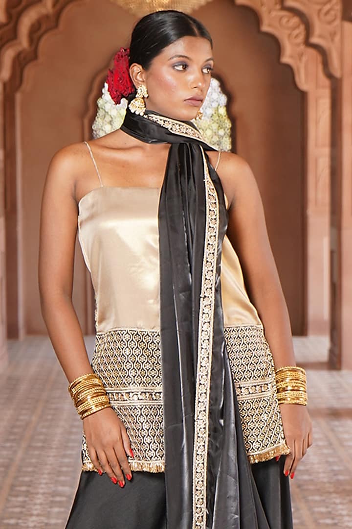 Black Viscose Satin Embroidered Party Wear Sharara Set by Monk & Mei at Pernia's Pop Up Shop