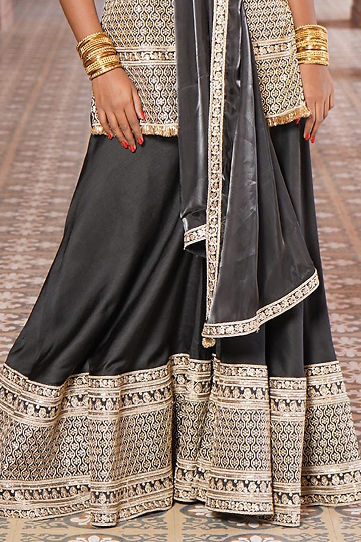 Black Viscose Satin Embroidered Party Wear Sharara Set by Monk & Mei at Pernia's Pop Up Shop