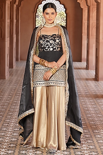 Gold Satin Party Wear Sharara Set by Monk & Mei at Pernia's Pop Up Shop