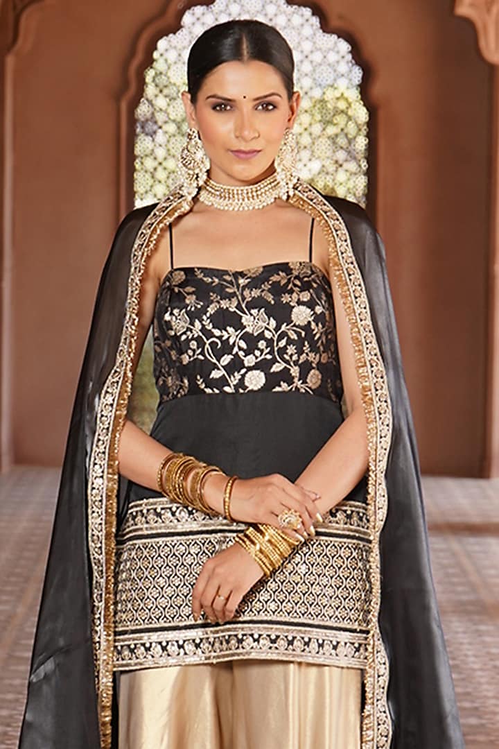 Gold Satin Party Wear Sharara Set by Monk & Mei at Pernia's Pop Up Shop